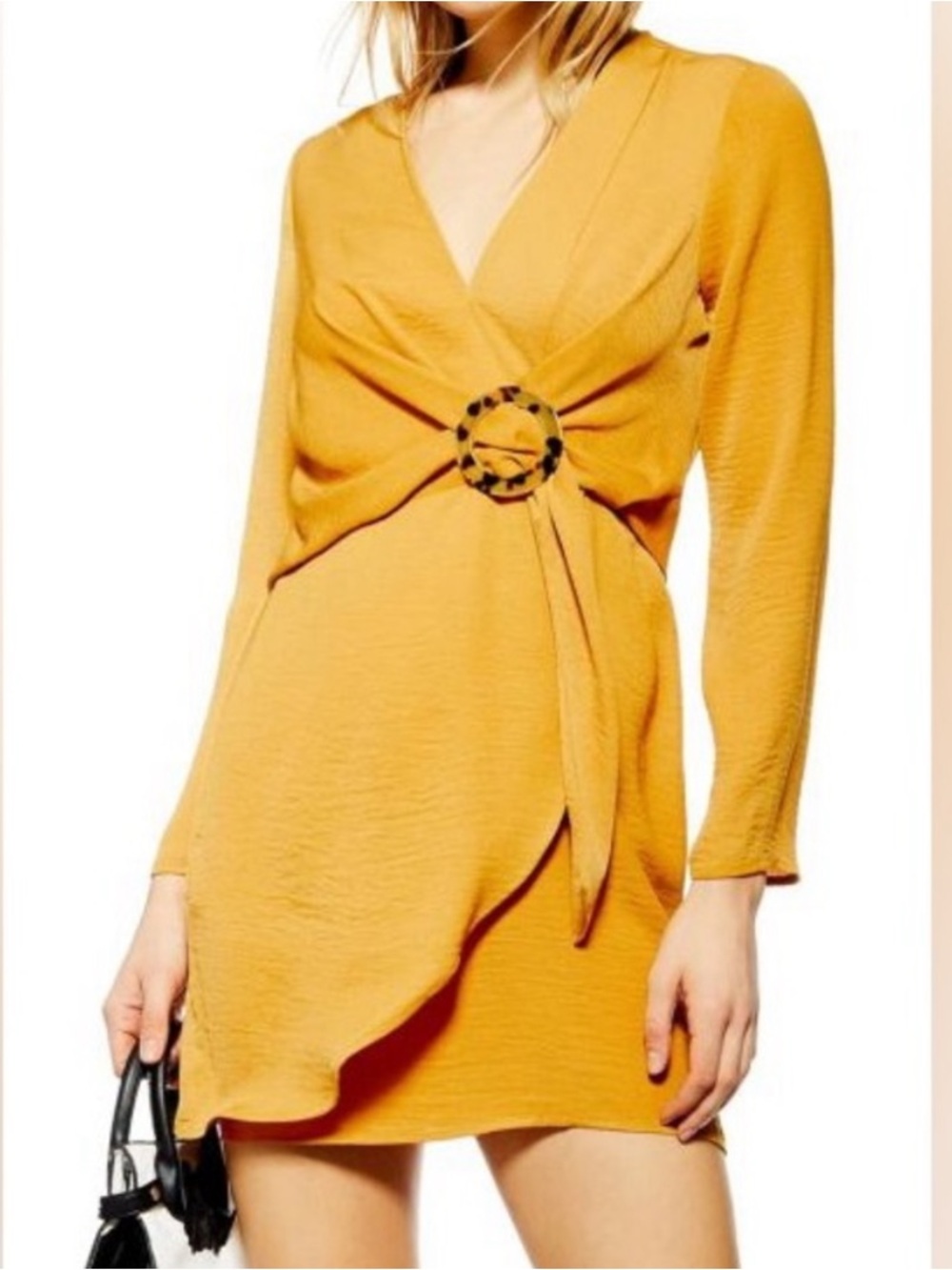 Topshop mustard wrap dress with tortoise shell embellishment